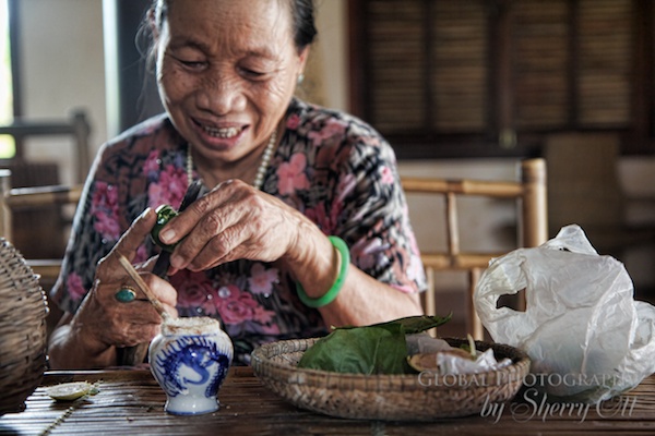The lovely women at the rural museum preparing beetlenut.